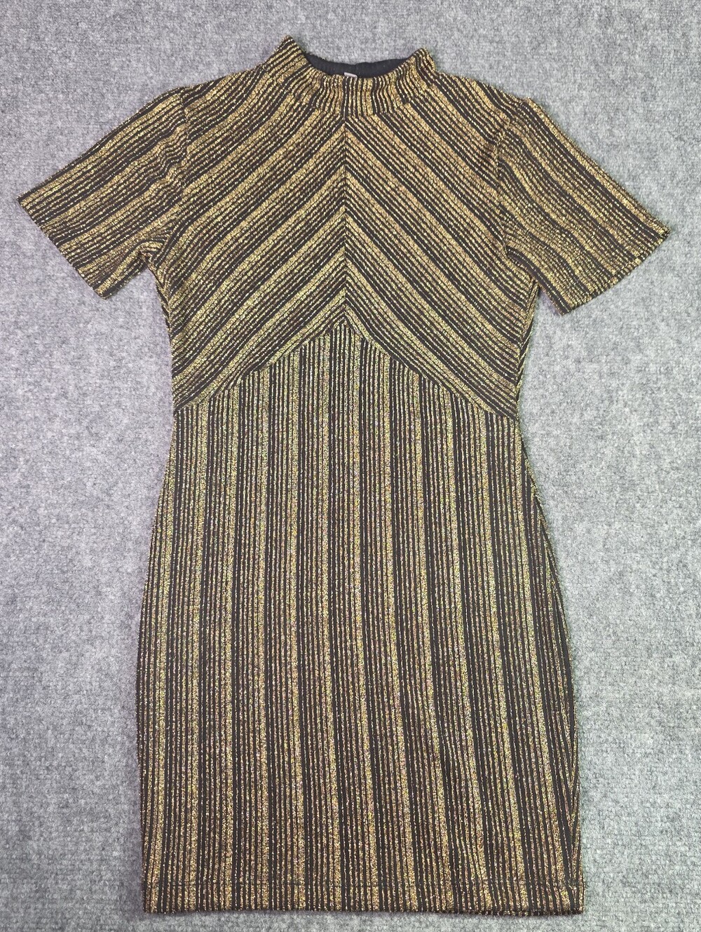 Metallic Black and Gold Striped Short Sleeve Dress Stretch Party Glam Sparkle